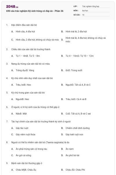 690 câu trắc nghiệm Ký sinh trùng có đáp án - Phần 36