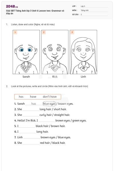 Giải SBT Tiếng Anh lớp 3 Unit 6 Lesson two: Grammar có đáp án