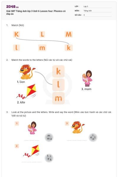 Giải SBT Tiếng Anh lớp 3 Unit 6 Lesson four: Phonics có đáp án