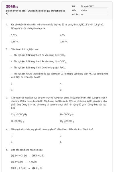 Đề ôn luyện thi THPTQG Hóa học có lời giải chi tiết (Đề số 6)