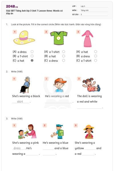 Giải SBT Tiếng Anh lớp 3 Unit 7 Lesson three: Words có đáp án