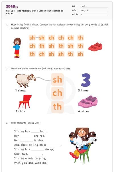 Giải SBT Tiếng Anh lớp 3 Unit 7 Lesson four: Phonics có đáp án