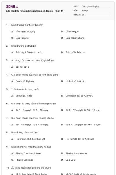 690 câu trắc nghiệm Ký sinh trùng có đáp án - Phần 41