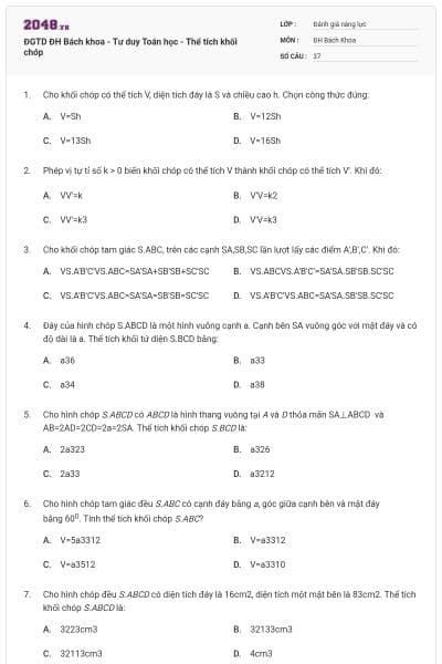 ĐGTD ĐH Bách khoa - Tư duy Toán học - Thể tích khối chóp