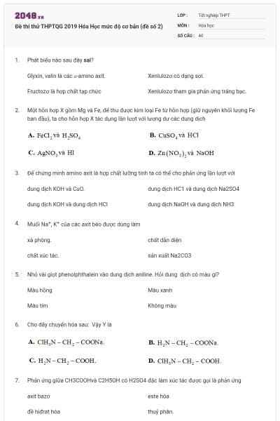 Đề thi thử THPTQG 2019 Hóa Học mức độ cơ bản (đề số 2)
