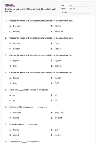 Đề kiểm tra cuối học kì 2 Tiếng Anh 8 có đáp án (Mới nhất) (Đề 24)