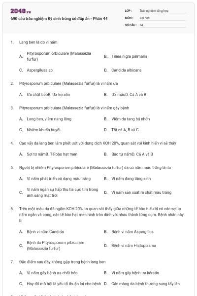 690 câu trắc nghiệm Ký sinh trùng có đáp án - Phần 44