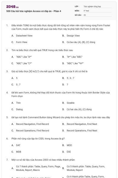 500 Câu hỏi trắc nghiệm Access có đáp án - Phần 4