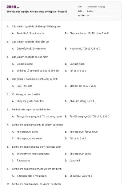 690 câu trắc nghiệm Ký sinh trùng có đáp án - Phần 45