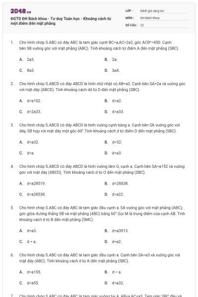 ĐGTD ĐH Bách khoa - Tư duy Toán học - Khoảng cách từ một điểm đến mặt phẳng