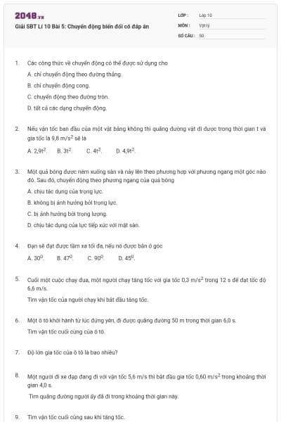 Giải SBT Lí 10 Bài 5: Chuyển động biến đổi có đáp án