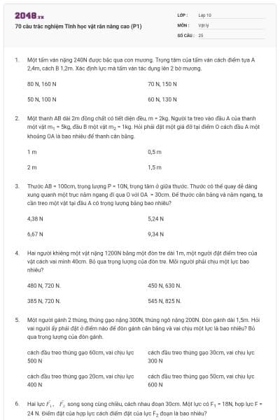 70 câu trắc nghiệm Tĩnh học vật rắn nâng cao (P1)
