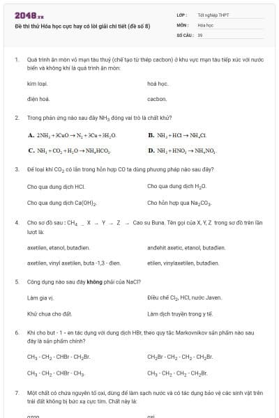 Đề thi thử Hóa học cực hay có lời giải chi tiết (đề số 8)