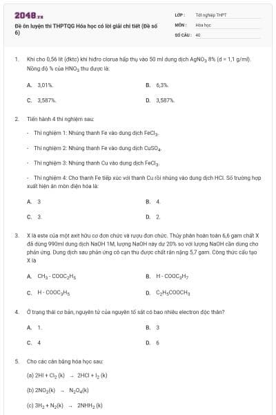 Đề ôn luyện thi THPTQG Hóa học có lời giải chi tiết (Đề số 6)
