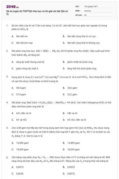 Đề ôn luyện thi THPTQG Hóa học có lời giải chi tiết (Đề số 5)