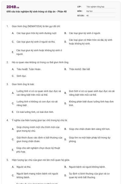 690 câu trắc nghiệm Ký sinh trùng có đáp án - Phần 48