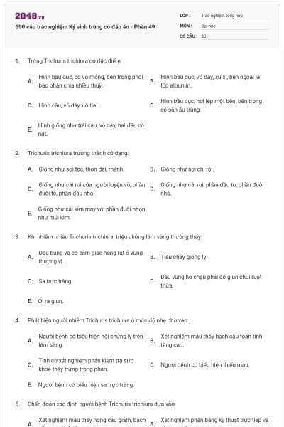 690 câu trắc nghiệm Ký sinh trùng có đáp án - Phần 49