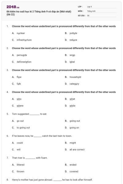Đề kiểm tra cuối học kì 2 Tiếng Anh 9 có đáp án (Mới nhất) (Đề 22)