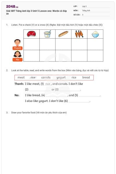 Giải SBT Tiếng Anh lớp 3 Unit 5 Lesson one: Words có đáp án