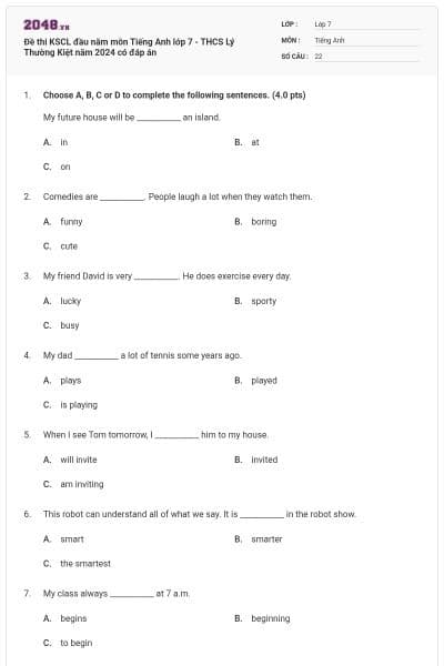 Đề thi KSCL đầu năm môn Tiếng Anh lớp 7 - THCS Lý Thường Kiệt năm 2024 có đáp án