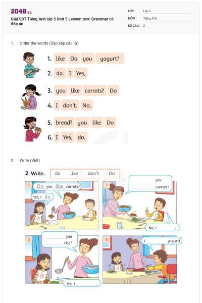 Giải SBT Tiếng Anh lớp 3 Unit 5 Lesson two: Grammar có đáp án