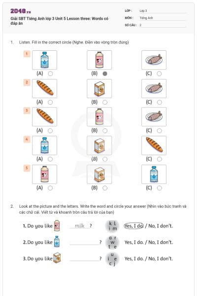 Giải SBT Tiếng Anh lớp 3 Unit 5 Lesson three: Words có đáp án