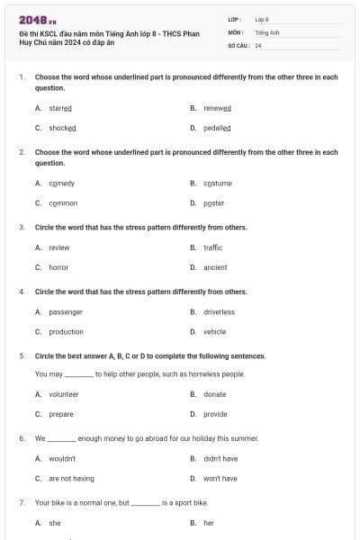 Đề thi KSCL đầu năm môn Tiếng Anh lớp 8 - THCS Phan Huy Chú năm 2024 có đáp án