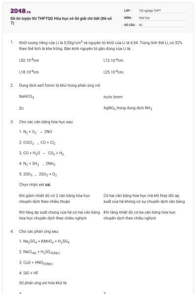 Đề ôn luyện thi THPTQG Hóa học có lời giải chi tiết (Đề số 7)