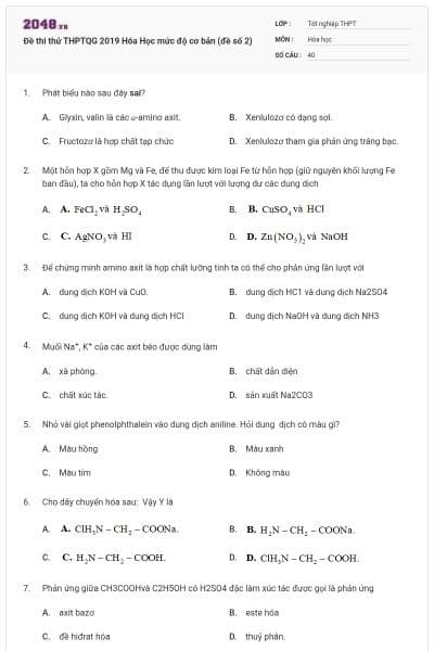 Đề thi thử THPTQG 2019 Hóa Học mức độ cơ bản (đề số 2)