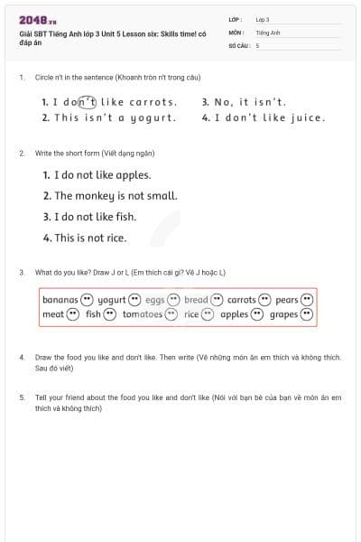 Giải SBT Tiếng Anh lớp 3 Unit 5 Lesson six: Skills time! có đáp án