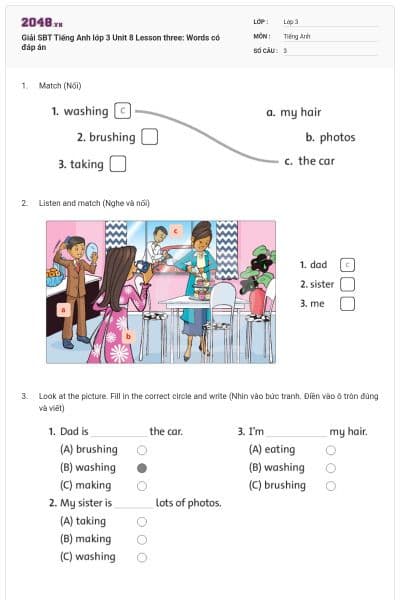 Giải SBT Tiếng Anh lớp 3 Unit 8 Lesson three: Words có đáp án