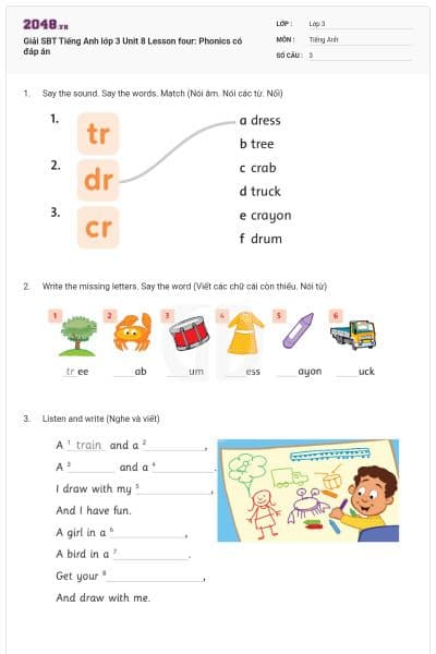 Giải SBT Tiếng Anh lớp 3 Unit 8 Lesson four: Phonics có đáp án