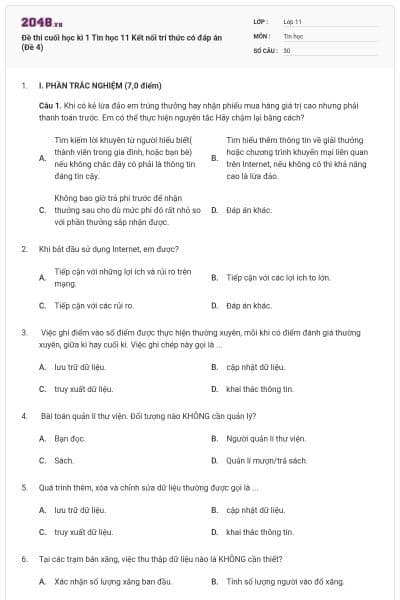 Đề thi cuối học kì 1 Tin học 11 Kết nối trí thức có đáp án (Đề 4)