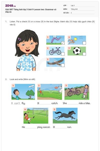 Giải SBT Tiếng Anh lớp 3 Unit 9 Lesson two: Grammar có đáp án