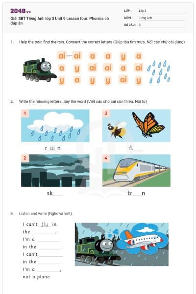 Giải SBT Tiếng Anh lớp 3 Unit 9 Lesson four: Phonics có đáp án