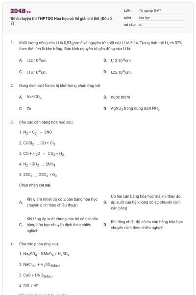 Đề ôn luyện thi THPTQG Hóa học có lời giải chi tiết (Đề số 7)