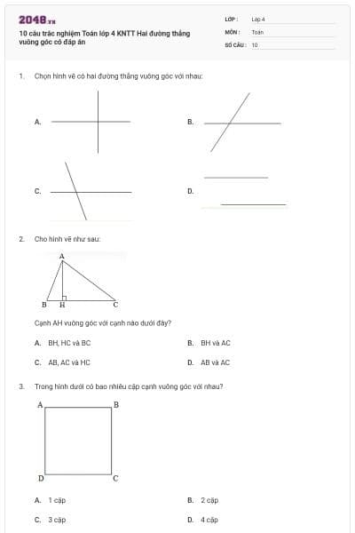 10 câu trắc nghiệm Toán lớp 4 KNTT Hai đường thẳng vuông góc có đáp án
