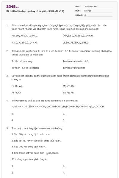 Đề thi thử Hóa học cực hay có lời giải chi tiết (đề số 9)