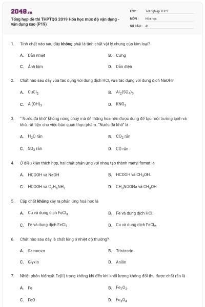 Tổng hợp đề thi THPTQG 2019 Hóa học mức độ vận dụng - vận dụng cao (P19)