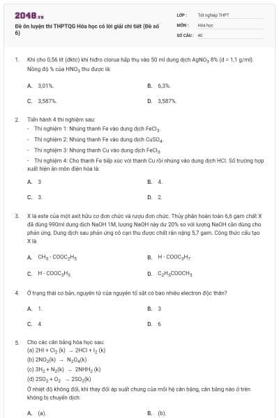 Đề ôn luyện thi THPTQG Hóa học có lời giải chi tiết (Đề số 6)
