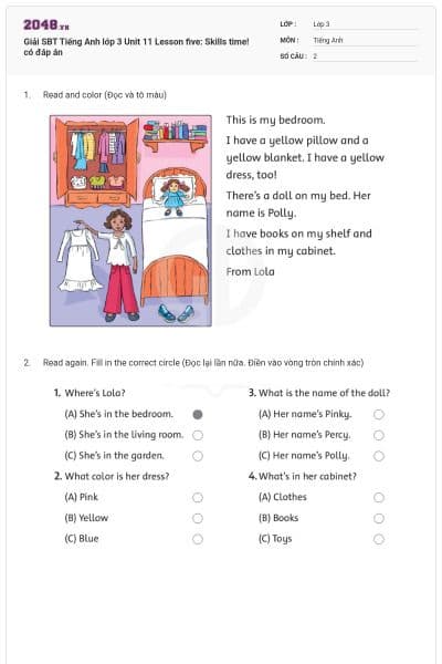 Giải SBT Tiếng Anh lớp 3 Unit 11 Lesson five: Skills time! có đáp án