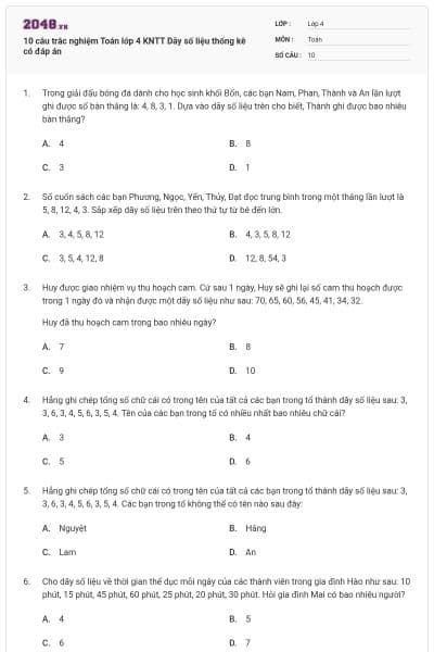 10 câu trắc nghiệm Toán lớp 4 KNTT Dãy số liệu thống kê có đáp án