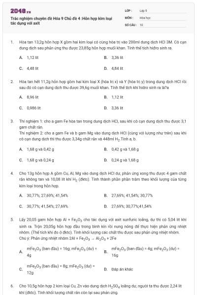 Trắc nghiệm chuyên đề Hóa 9 Chủ đề 4 :Hỗn hợp kim loại tác dụng với axit