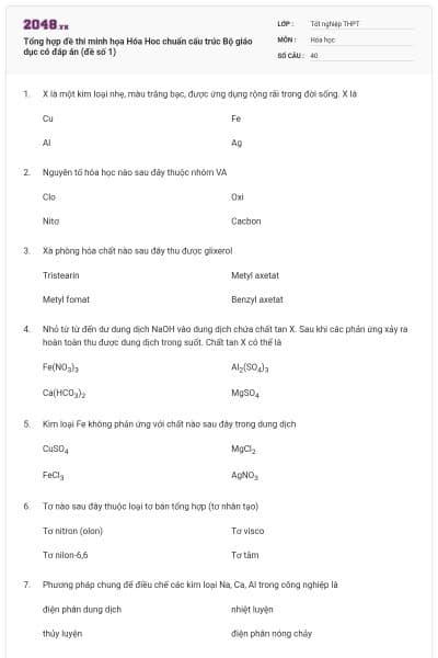Tổng hợp đề thi minh họa Hóa Hoc chuẩn cấu trúc Bộ giáo dục có đáp án (đề số 1)