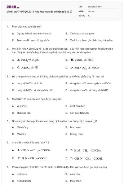 Đề thi thử THPTQG 2019 Hóa Học mức độ cơ bản (đề số 2)