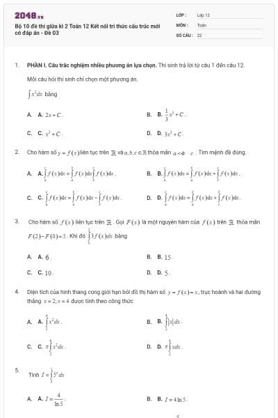 Bộ 10 đề thi giữa kì 2 Toán 12 Kết nối tri thức cấu trúc mới có đáp án - Đề 03