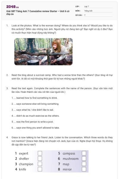 Giải SBT Tiếng Anh 7 Cumulative review Starter – Unit 6 có đáp án