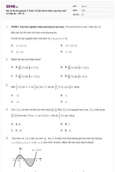 Bộ 10 đề thi giữa kì 2 Toán 12 Kết nối tri thức cấu trúc mới có đáp án - Đề 10