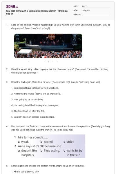 Giải SBT Tiếng Anh 7 Cumulative review Starter – Unit 8 có đáp án