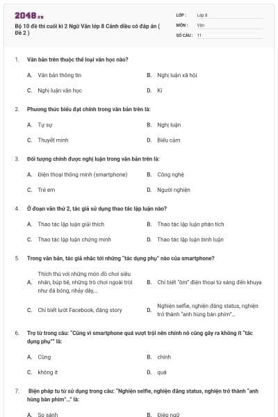 Bộ 10 đề thi cuối kì 2 Ngữ Văn lớp 8 Cánh diều có đáp án ( Đề 2 )